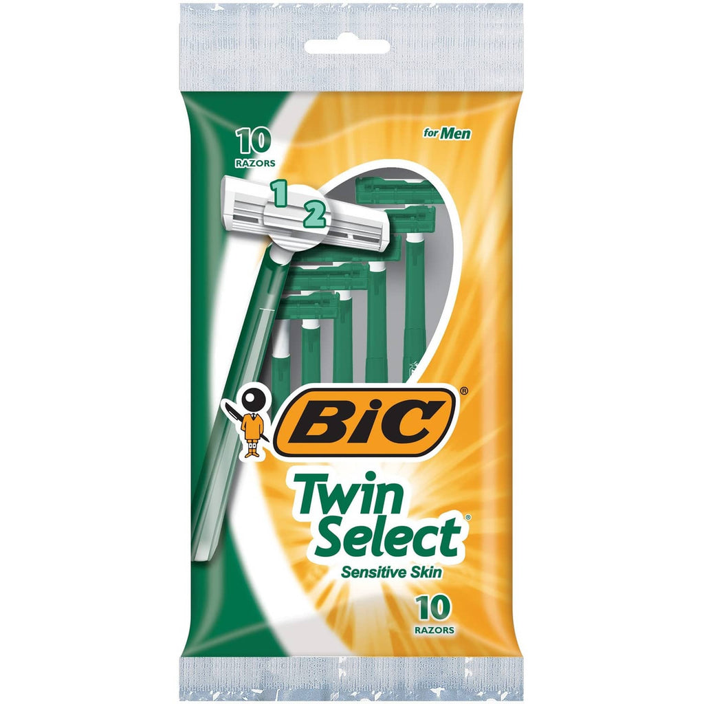 BIC Twin Select razor pack with 10 disposable twin-blade razors for men