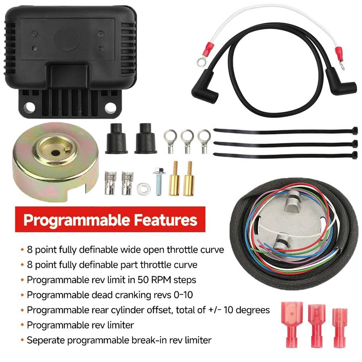 Programmable ignition kit module with wiring harness, mounting disc, and installation hardware.