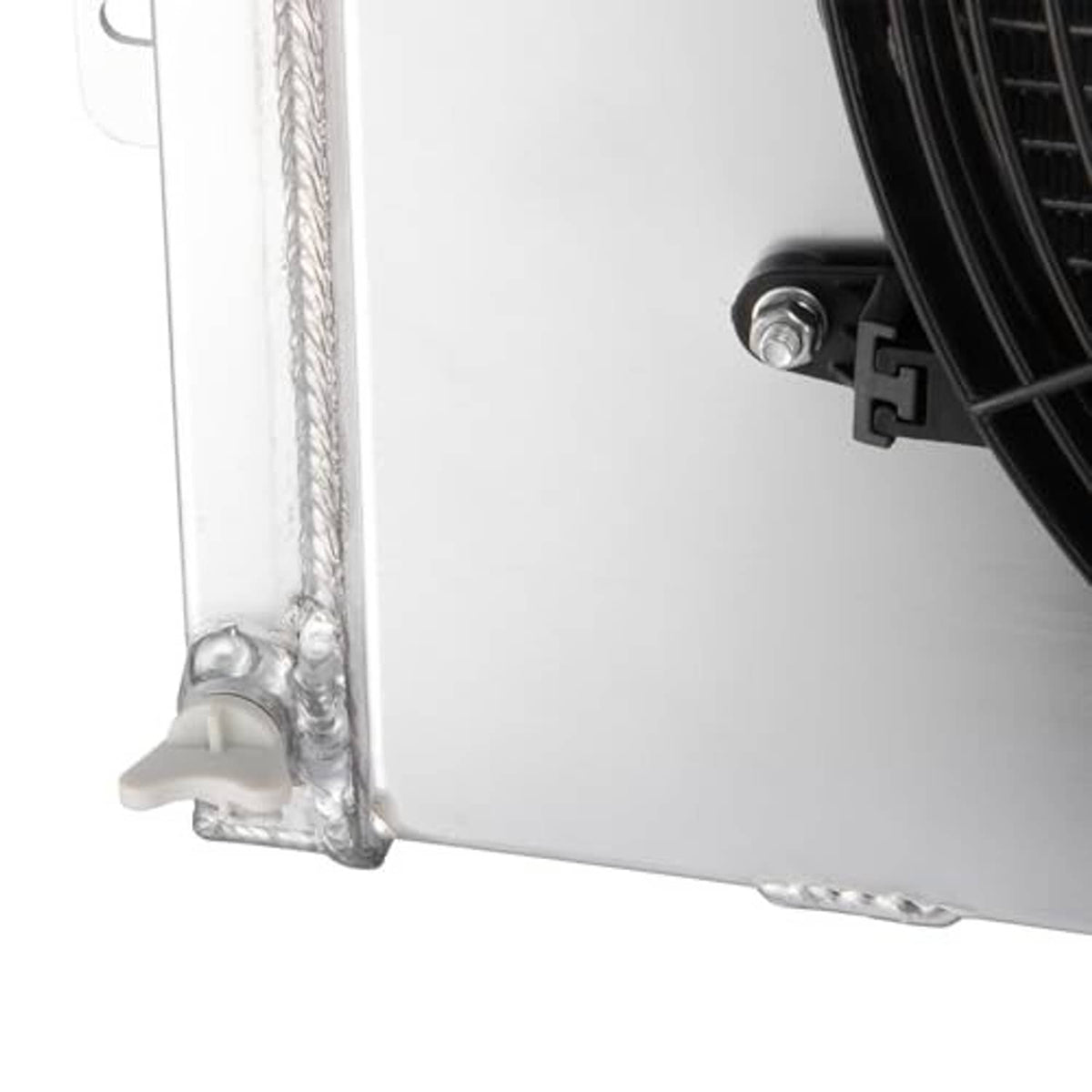 3-row radiator fan shroud corner with braided lines and mounting bracket, silver