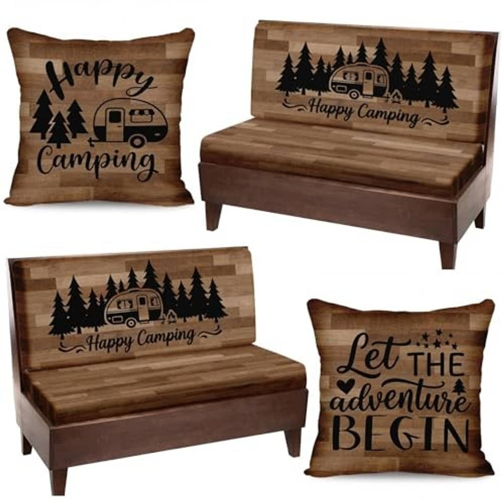 Brown RV dinette cushion covers featuring “Happy Camping” and “Let the adventure begin” prints