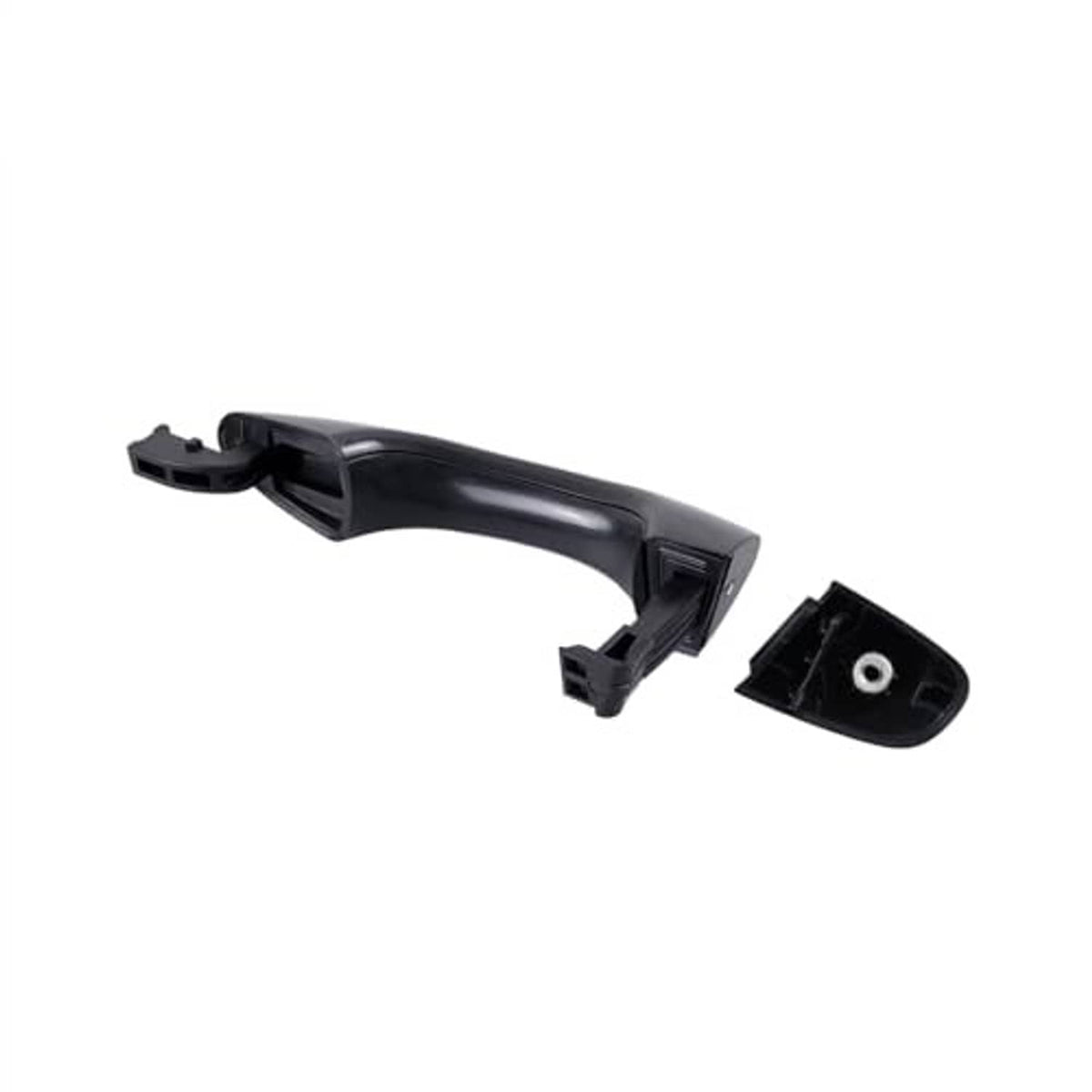 Black exterior door handle with small end cap and mounting clip