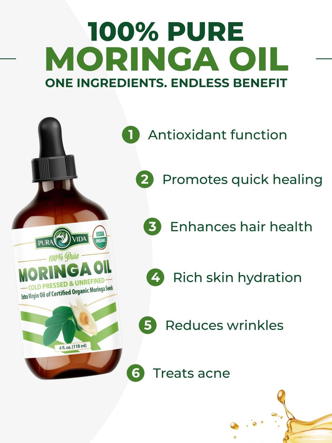 Moringa oil dark amber bottle with black dropper beside benefit icons