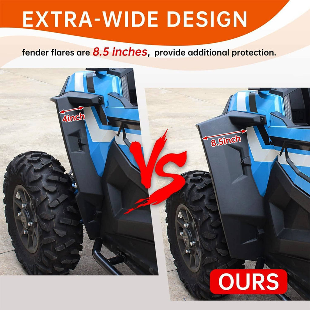 Extra-wide black front fender flare extensions on an off-road UTV front wheel