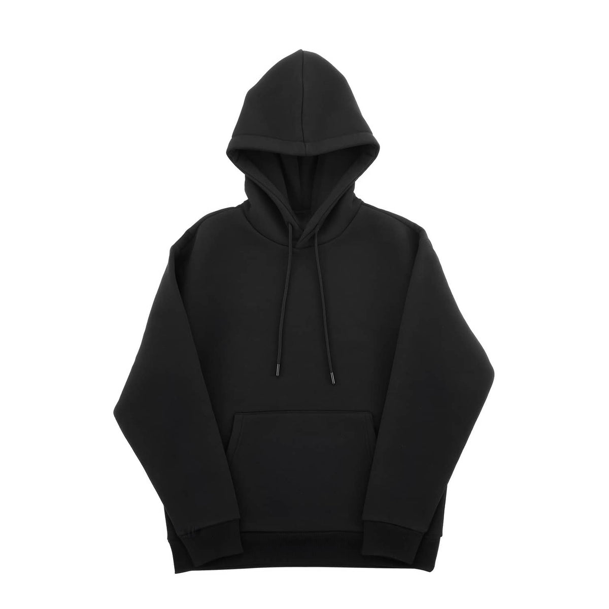 Men's black fleece pullover hoodie with hood and drawstrings, front kangaroo pocket