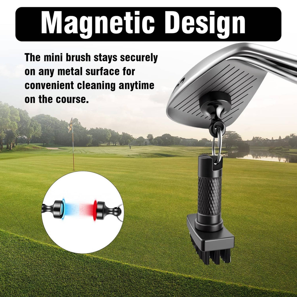 Mini golf club cleaner with magnetic design and compact bristle head tool