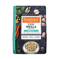 Freeze-dried puppy food pouch for cage-free chicken recipe, with kibble in clear bowl
