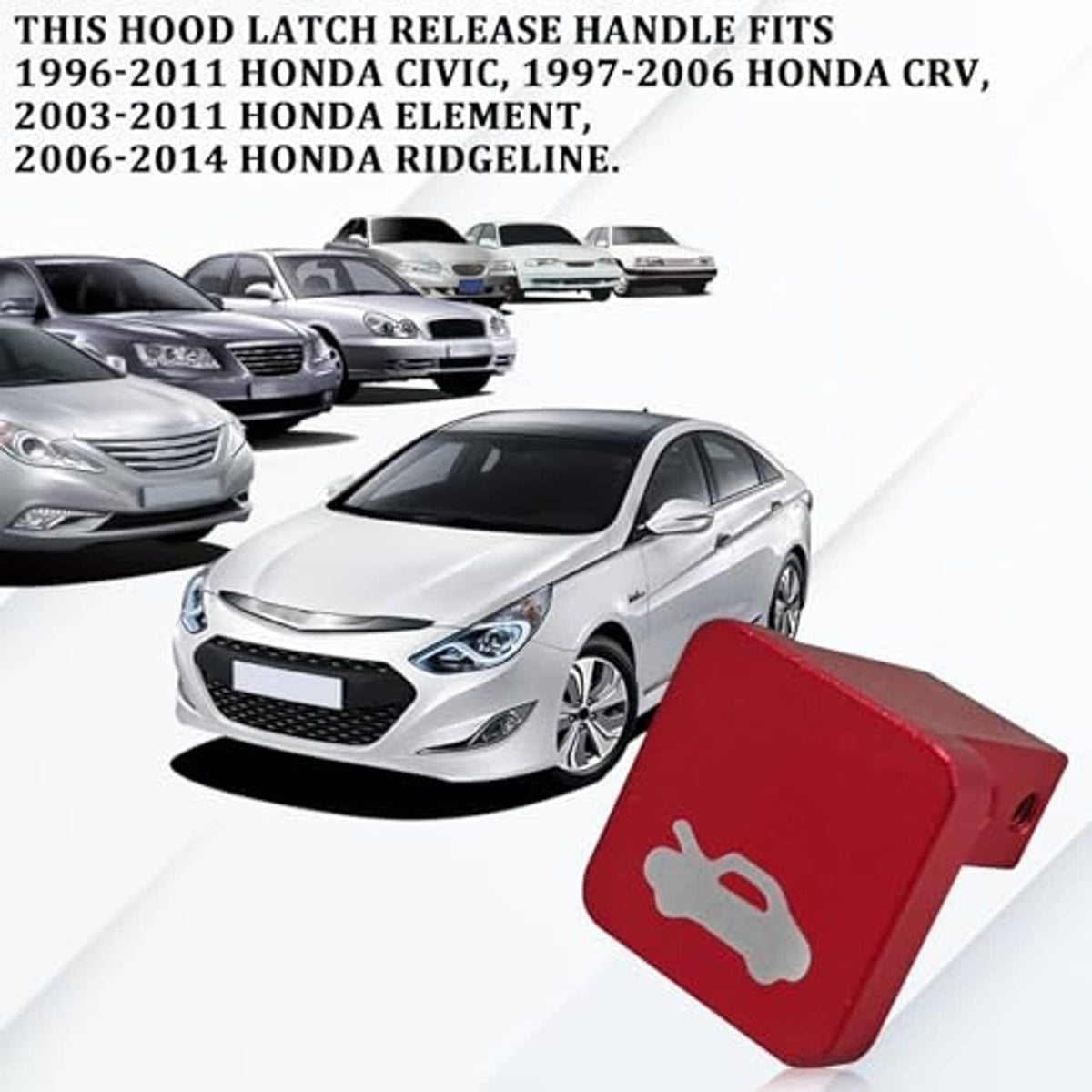 Red hood latch release handle with wrench icon and visible mounting holes