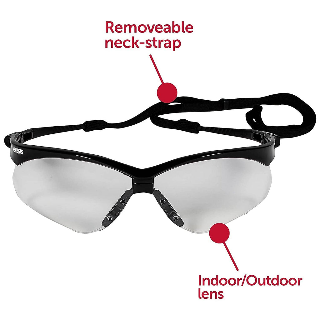 Black safety eyewear with clear-gray lenses and an attached removable neck strap