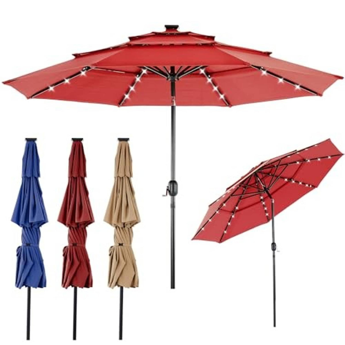 Dark red solar patio umbrella with LED lights, straight pole and tilted canopy view