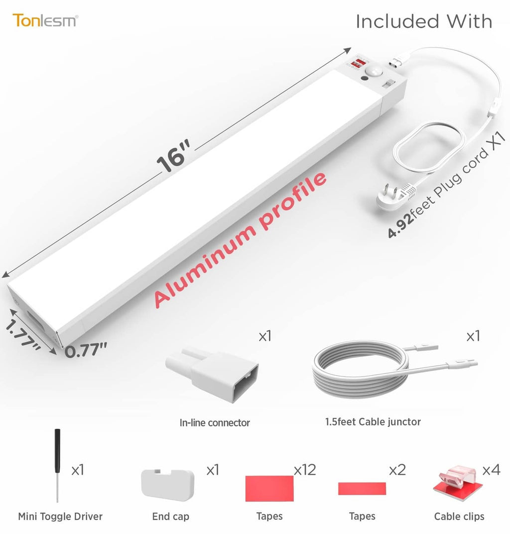 Under-cabinet LED kit with 16in aluminum profile, driver, tapes, and cable clips
