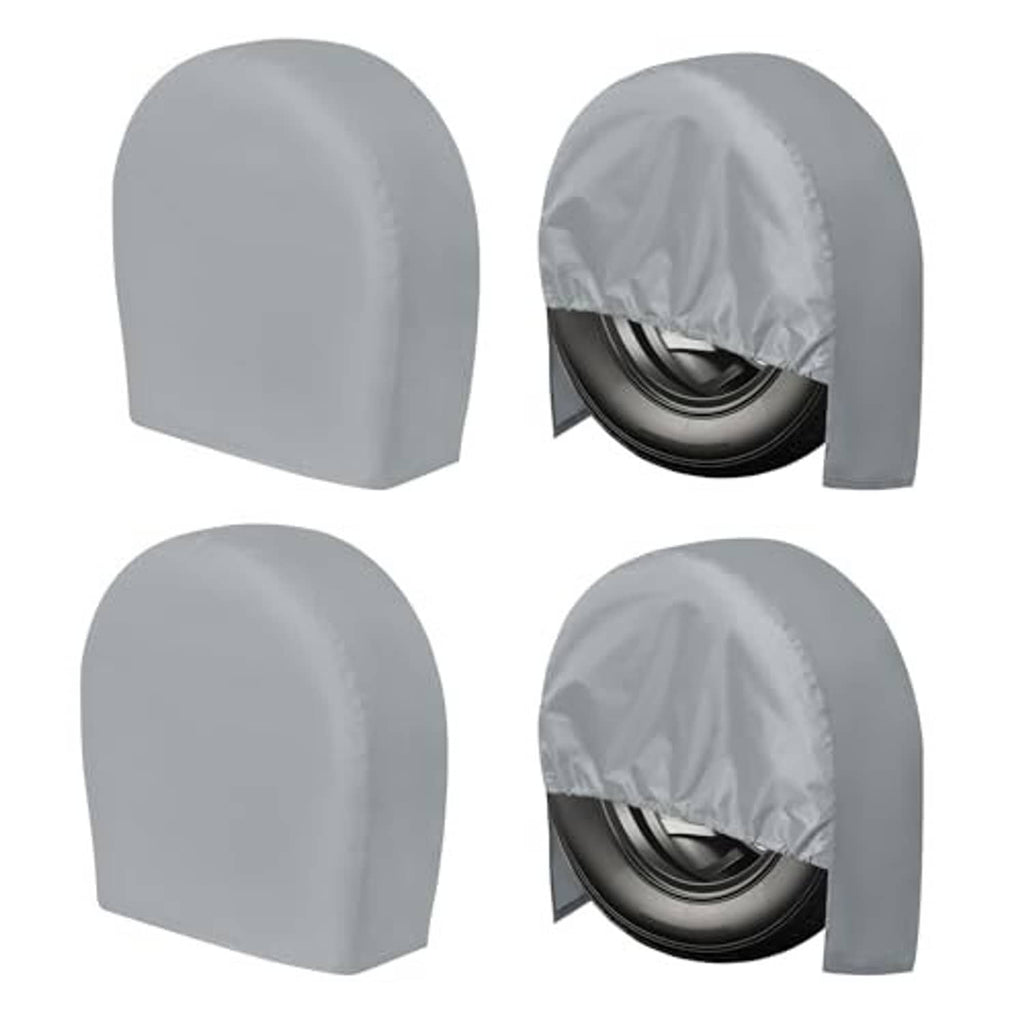 Set of 4 gray wheel tire covers with curved tops and elastic bottom edge