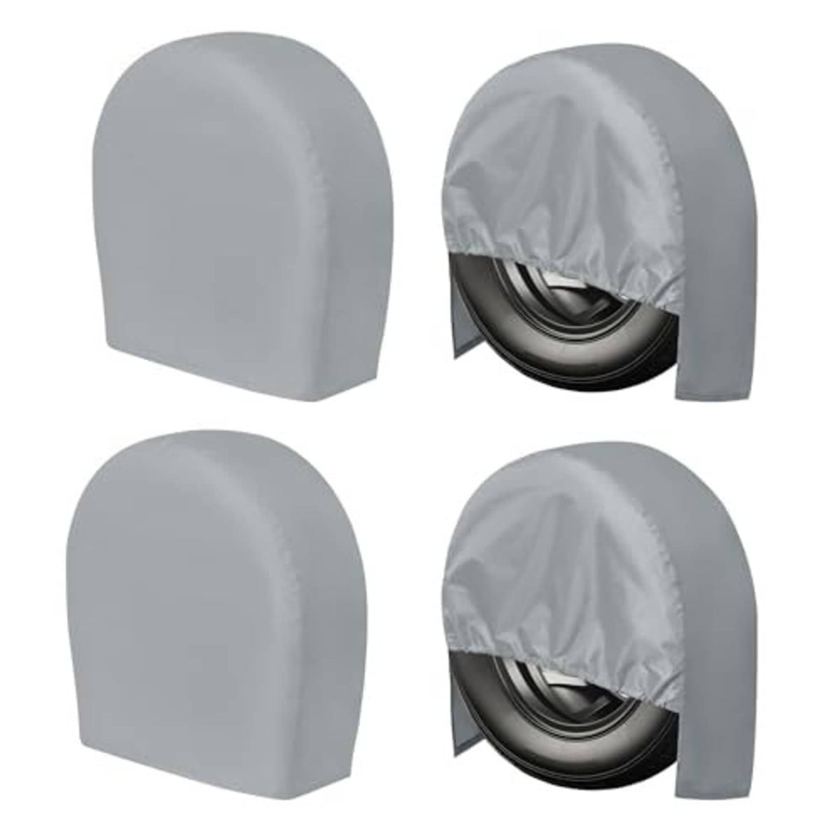 Set of 4 gray wheel tire covers with curved tops and elastic bottom edge
