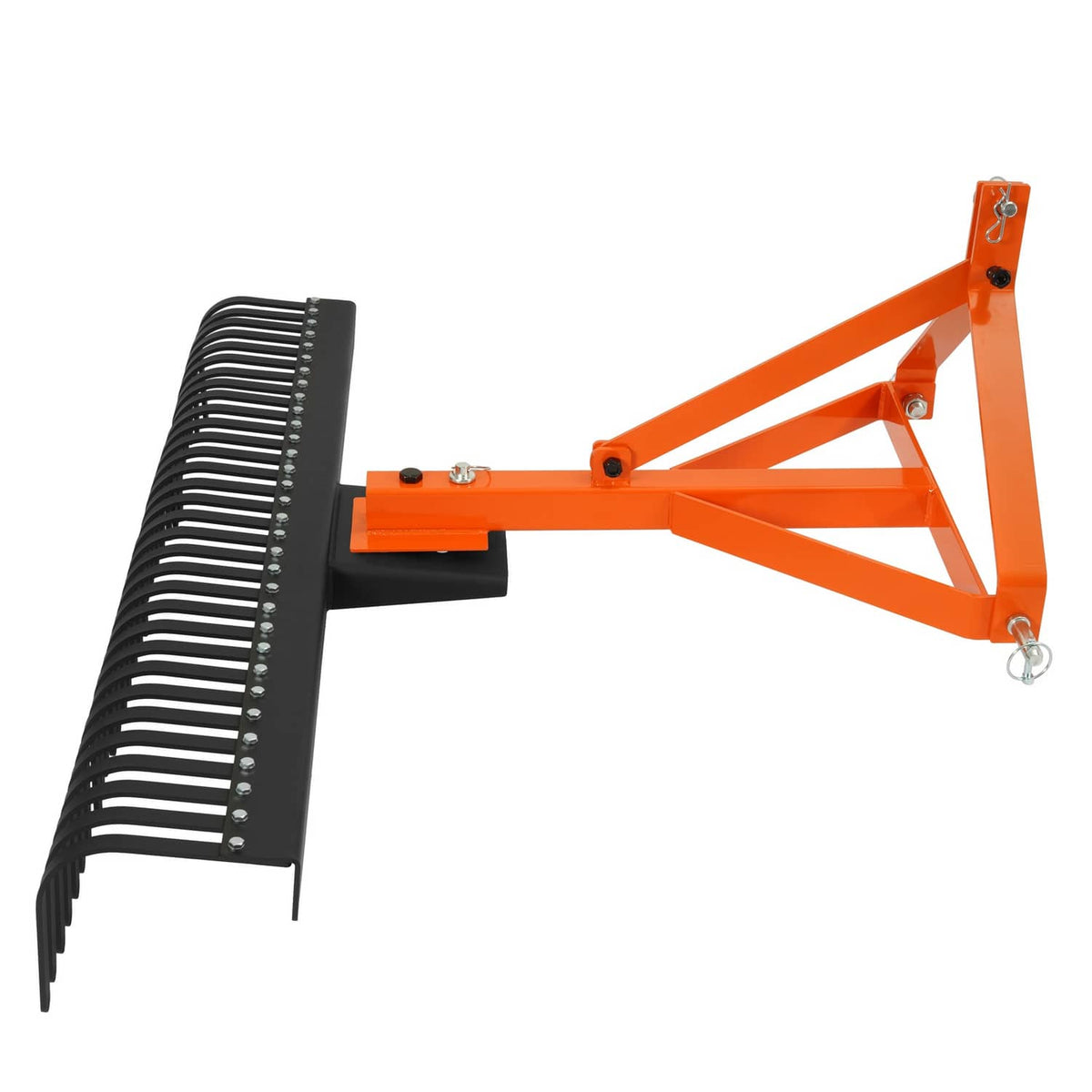 3-point tractor rock rake attachment with long black steel tines and orange frame