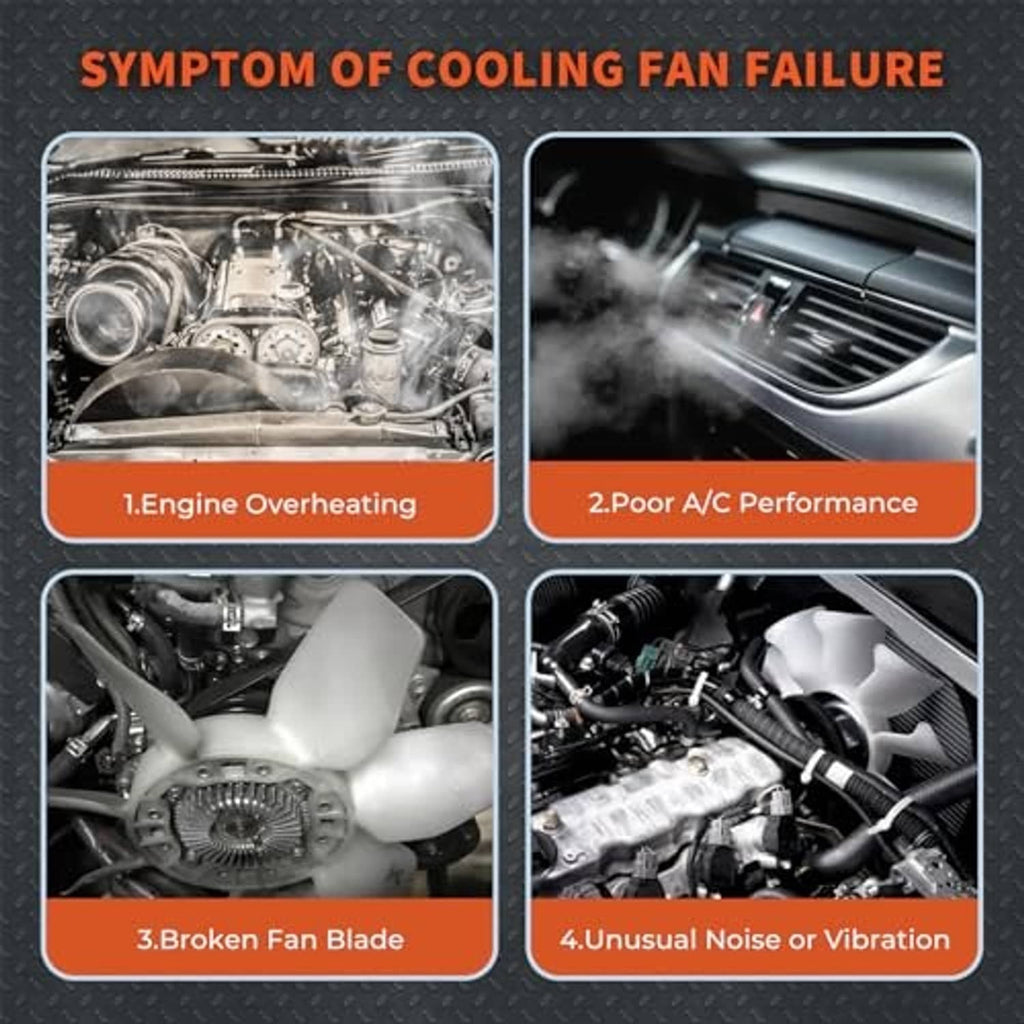 Radiator cooling fan failure symptoms with under-hood engine and vent imagery