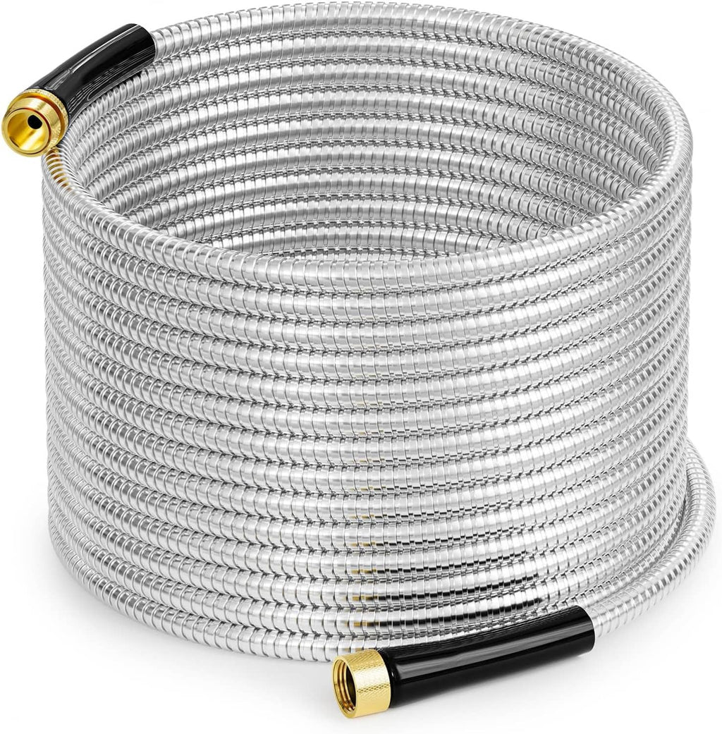 Coiled stainless steel garden water hose with brass fittings and black end connector