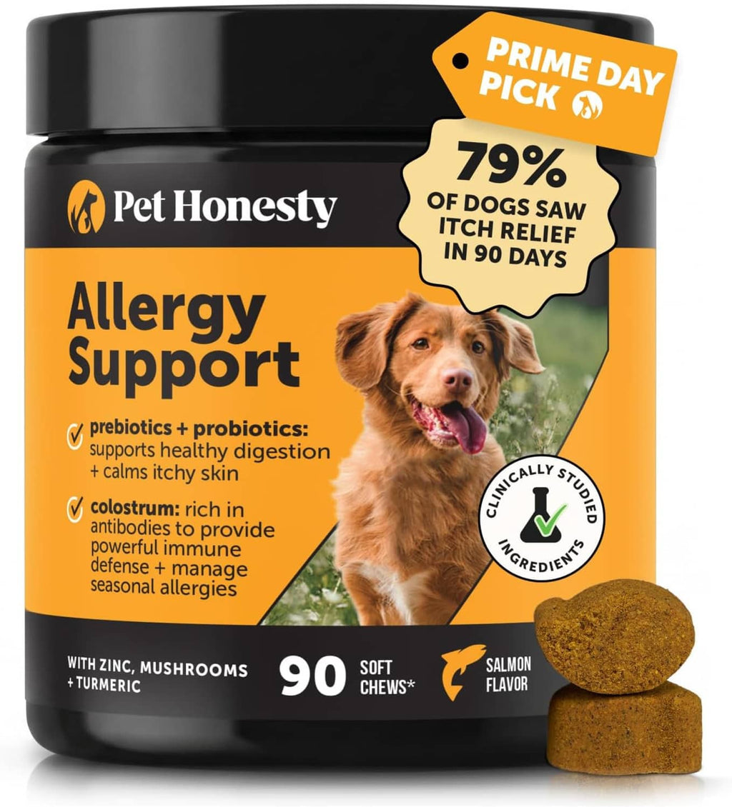 Pet Honesty Allergy Support dog treats jar and 90 salmon-flavored soft chews with zinc