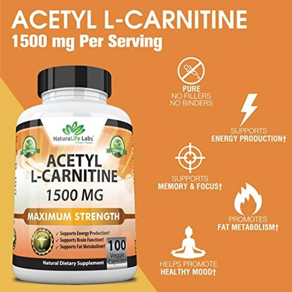 Acetyl L-carnitine 1500 mg supplement bottle showing purity and no binders icons.
