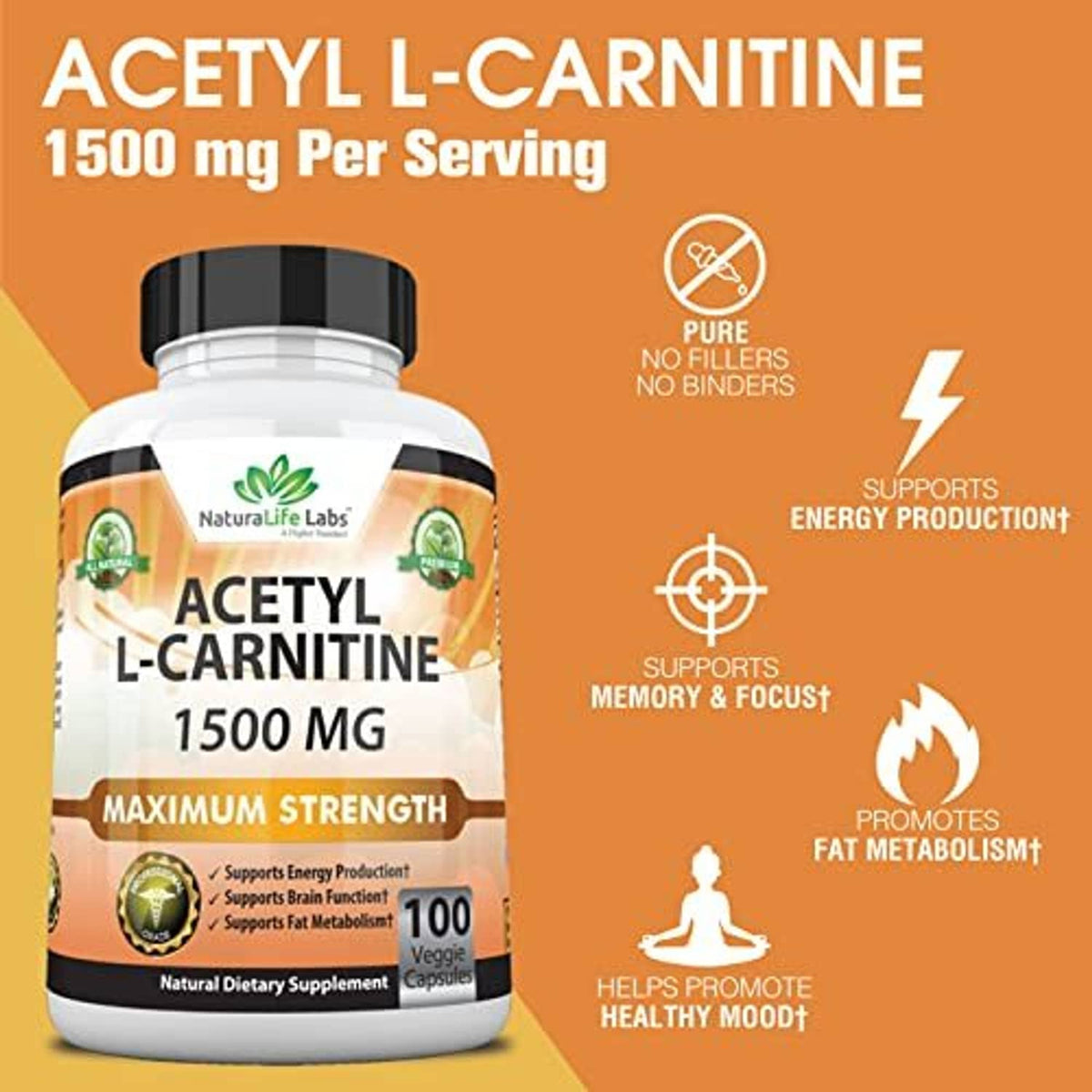 Acetyl L-carnitine 1500 mg supplement bottle showing purity and no binders icons.