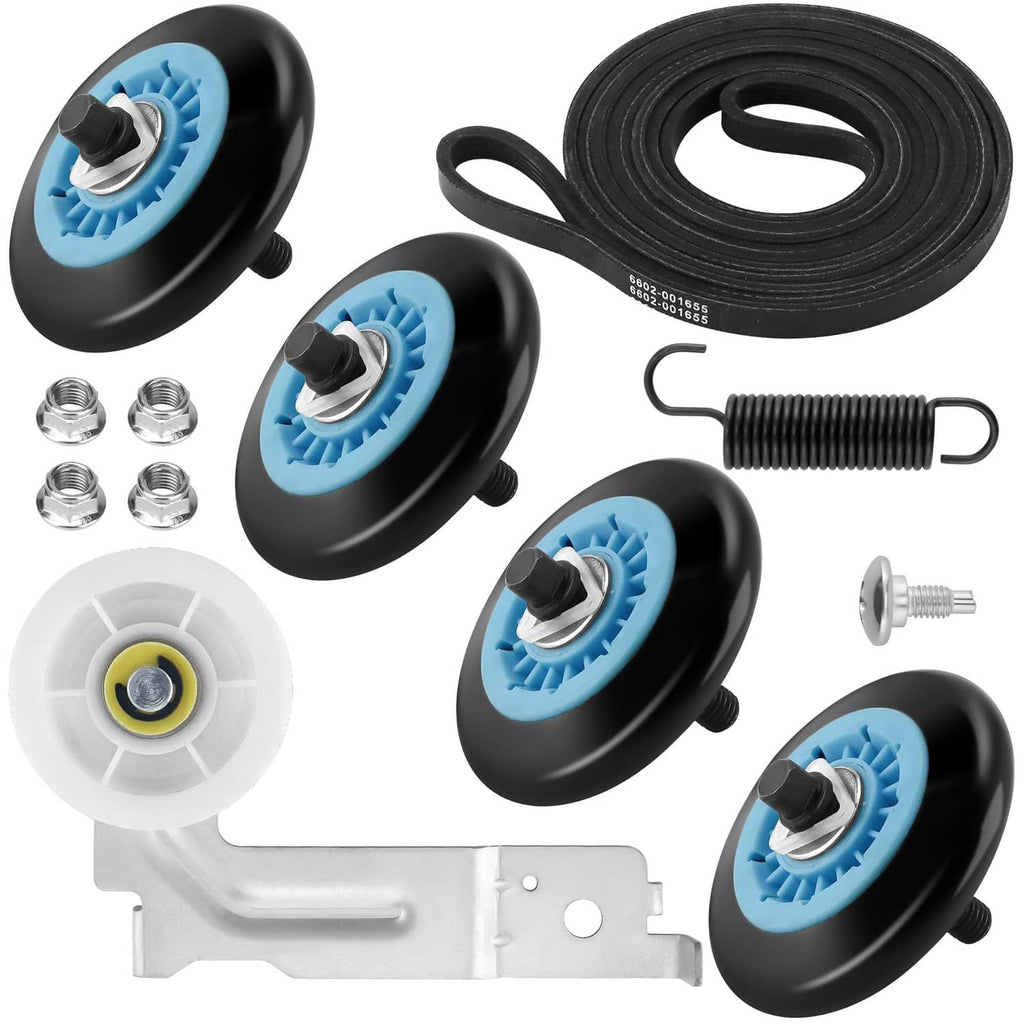 Dryer drum roller parts kit: black wheels with blue hubs, belt, spring, nuts, screws