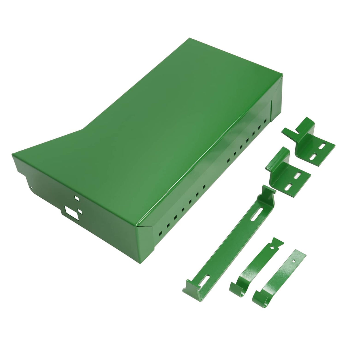 Green tractor battery box with accessories and mounting clips included