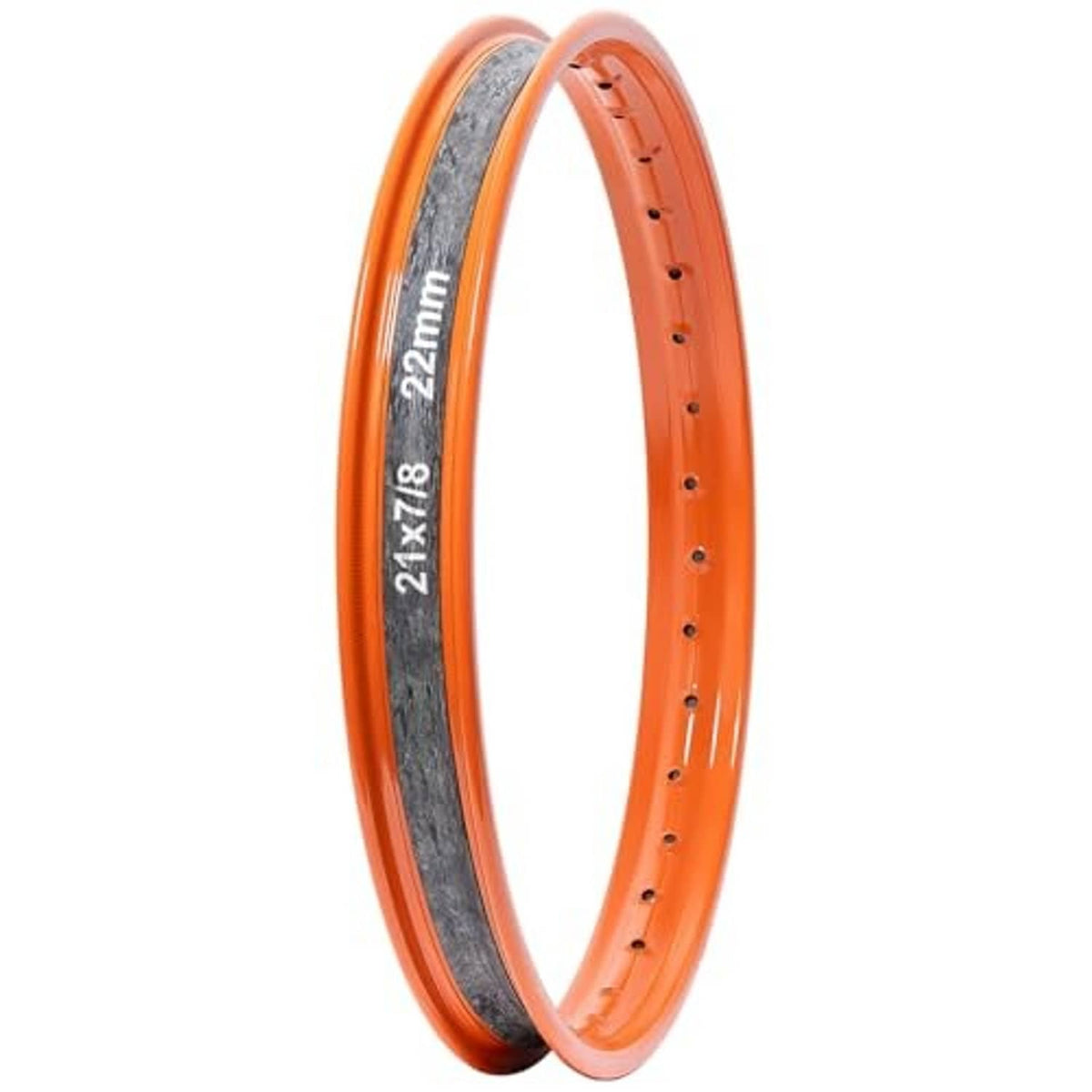 Motorcycle rim strip tape installed on orange wheel rim, black rubber band
