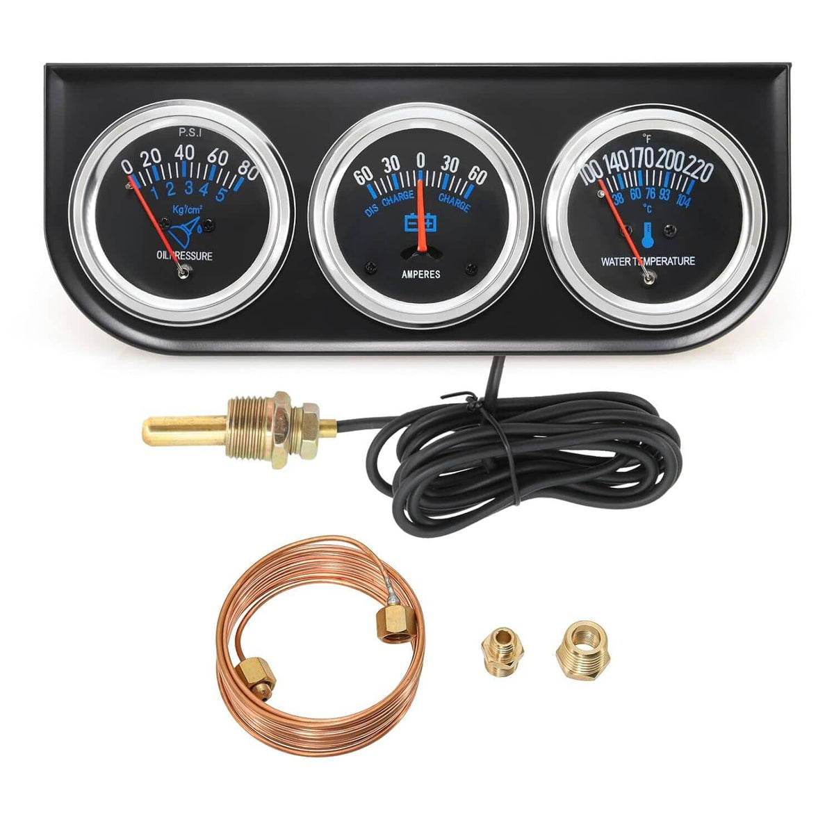 Triple car gauge set with three black bezel meters, wiring harness, and sensor probes