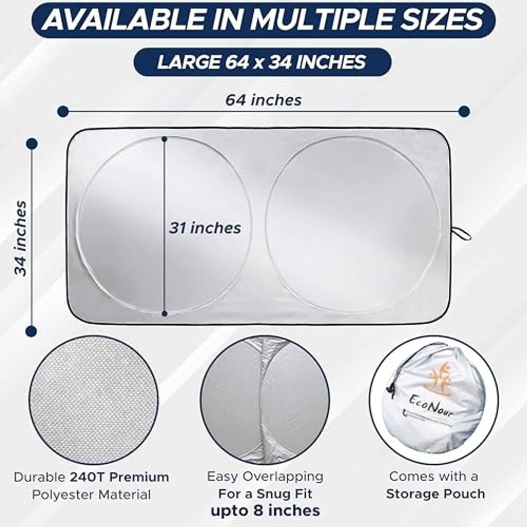 Large windshield sun shade size diagram (64 x 34 inches) with storage pouch