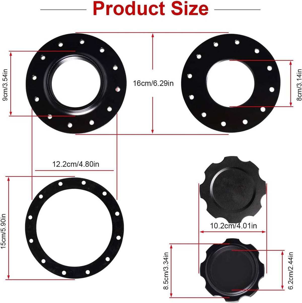 Black circular fuel cell cap plates with bolt-hole patterns and center openings