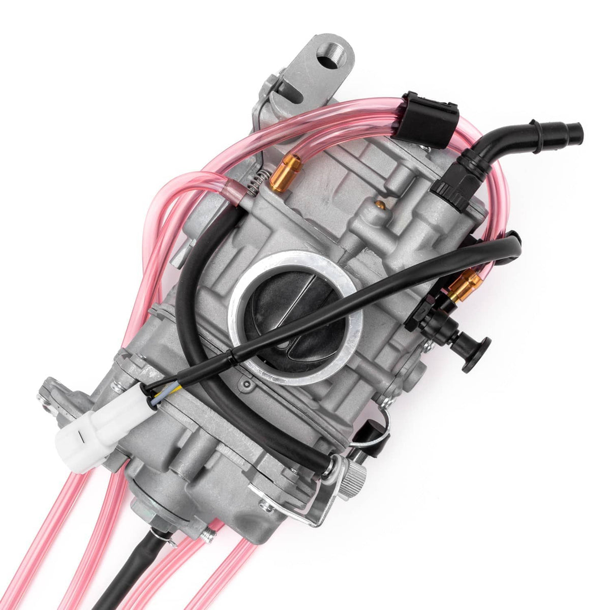 Carburetor with round intake bore, red fuel lines, black hoses and fittings