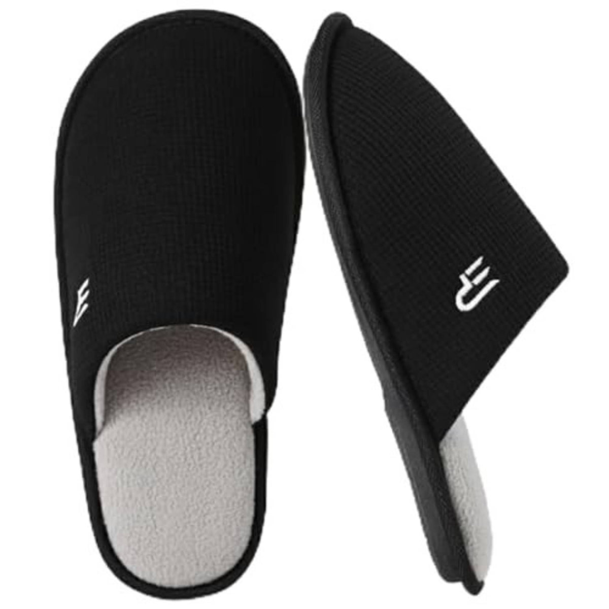 Black knit slip-on slippers with side logo and light plush interior lining