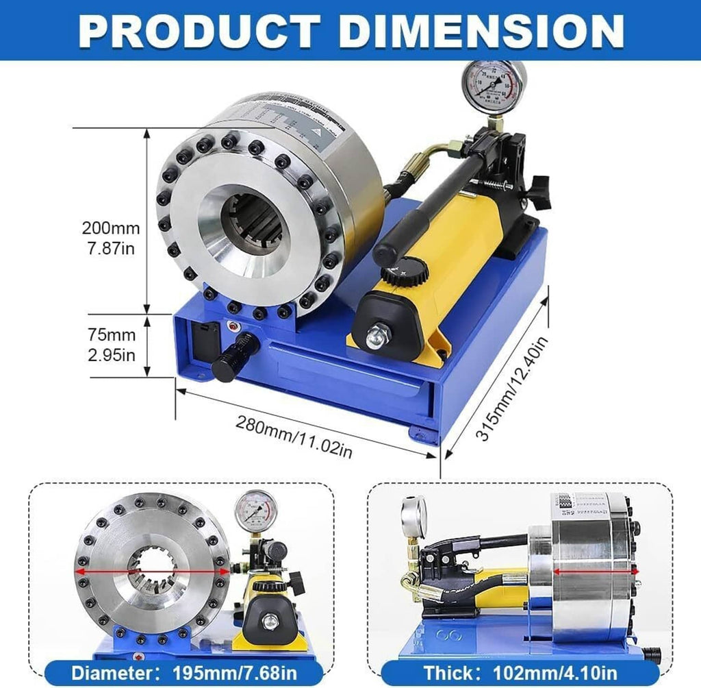 Hydraulic hose crimper with circular die head, pressure gauge, and yellow pump handle