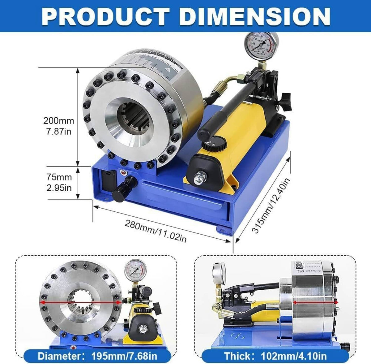 Hydraulic hose crimper with circular die head, pressure gauge, and yellow pump handle