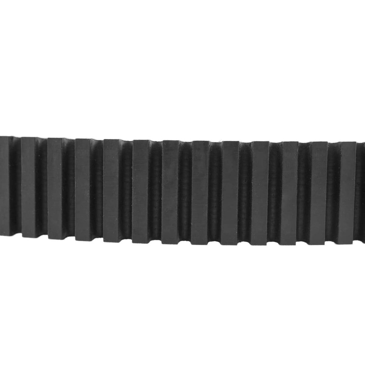 Close-up of black toothed drive belt ribs and interlocking ridged surface