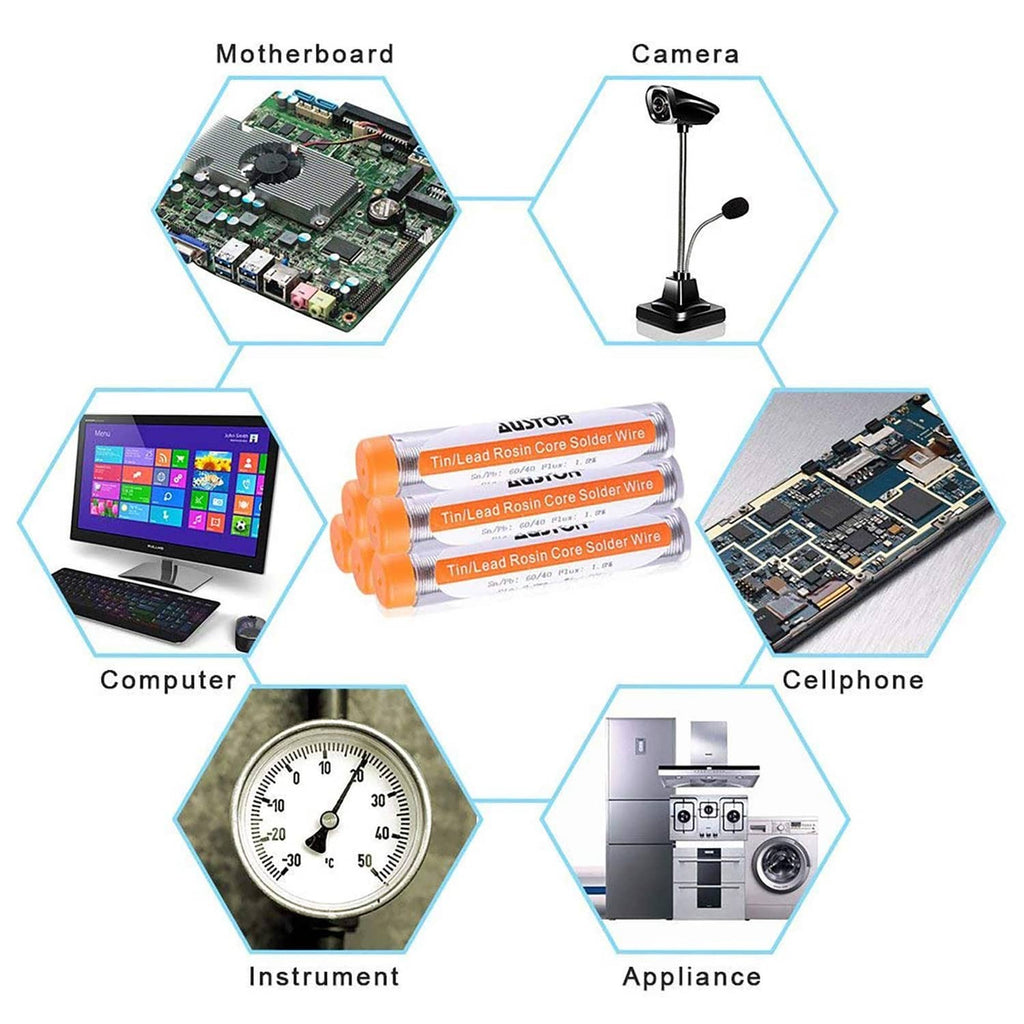 Solder wire tubes with application icons for electronics, computer, and phone repairs