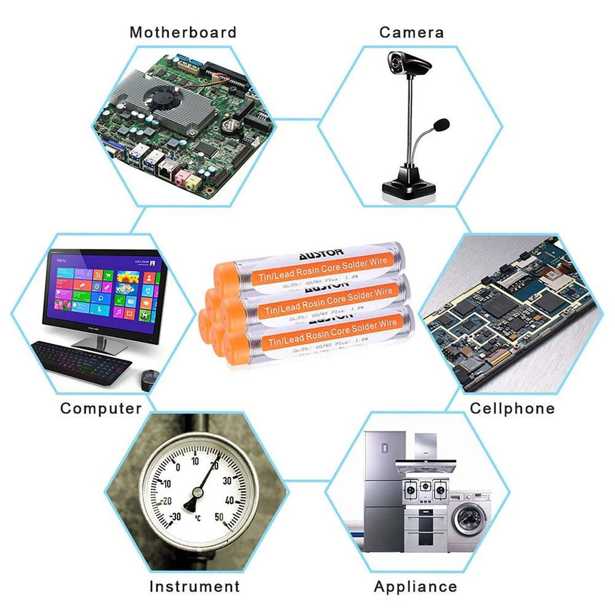 Solder wire tubes with application icons for electronics, computer, and phone repairs