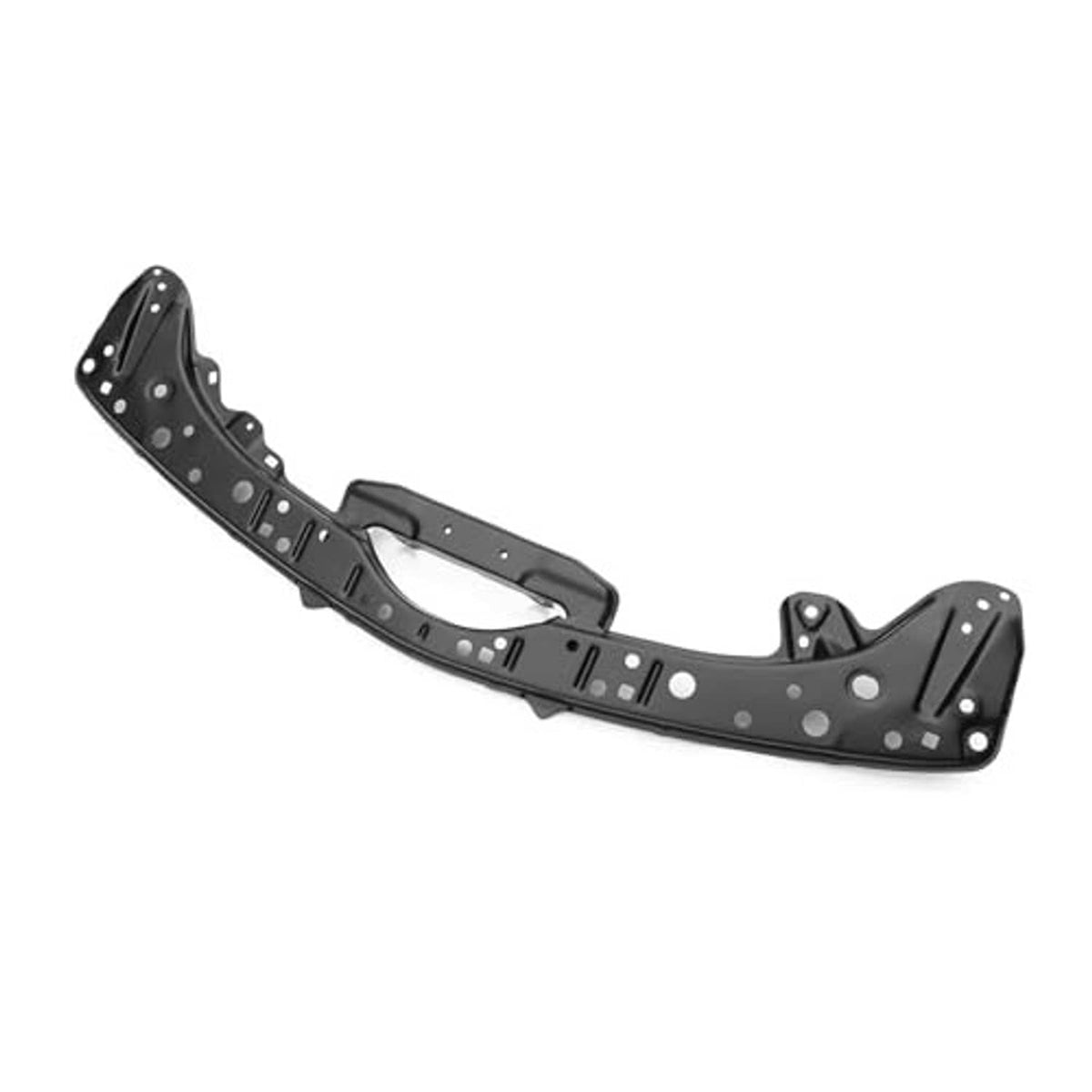 Black front upper radiator support beam, angled side view with mounting holes and bracket