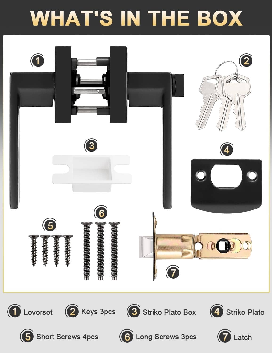 Black entry door lever set with keys, strike plate box, and assorted screws