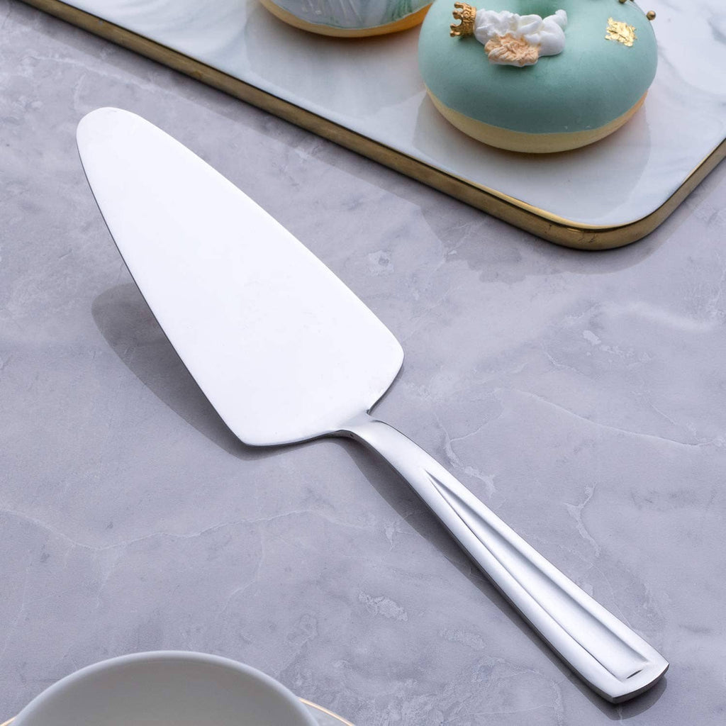 Single stainless pie cake server with white triangular blade and shiny handle