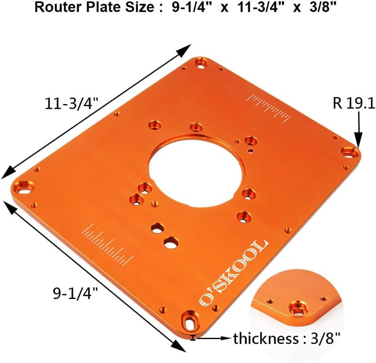 Orange aluminum router plate with central opening; labeled size and thickness markings