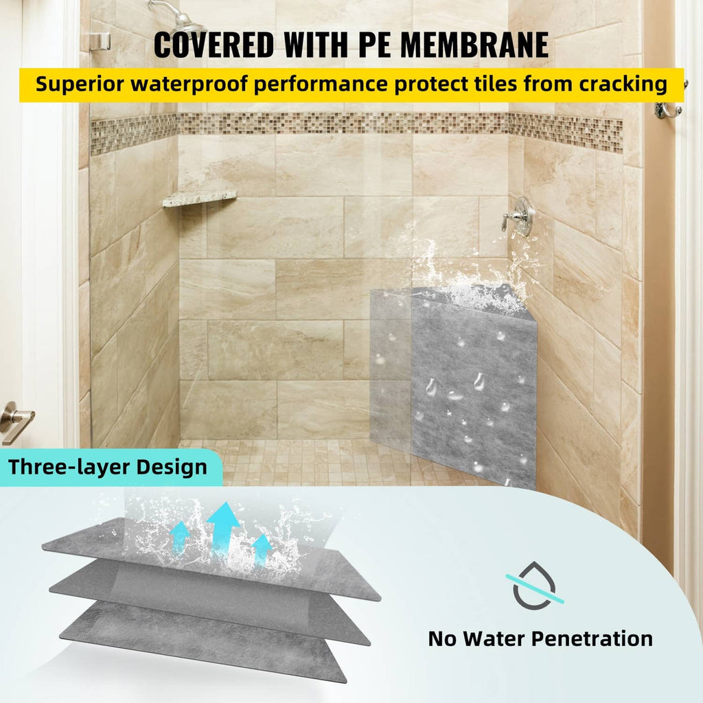 Triangular shower bench board with waterproof membrane, shown inside tile-ready area
