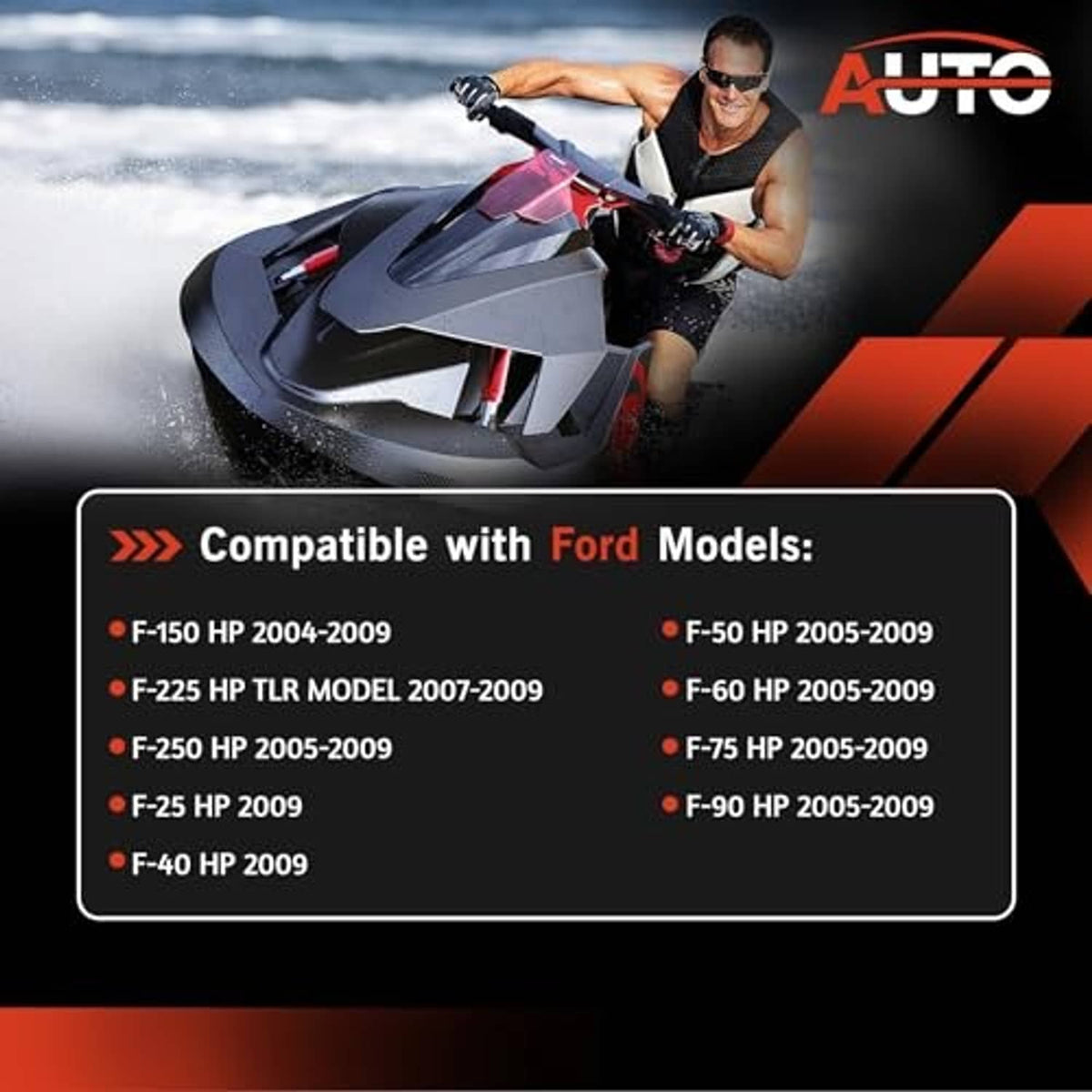 Jet ski on water with outboard motor, promotional compatibility overlay