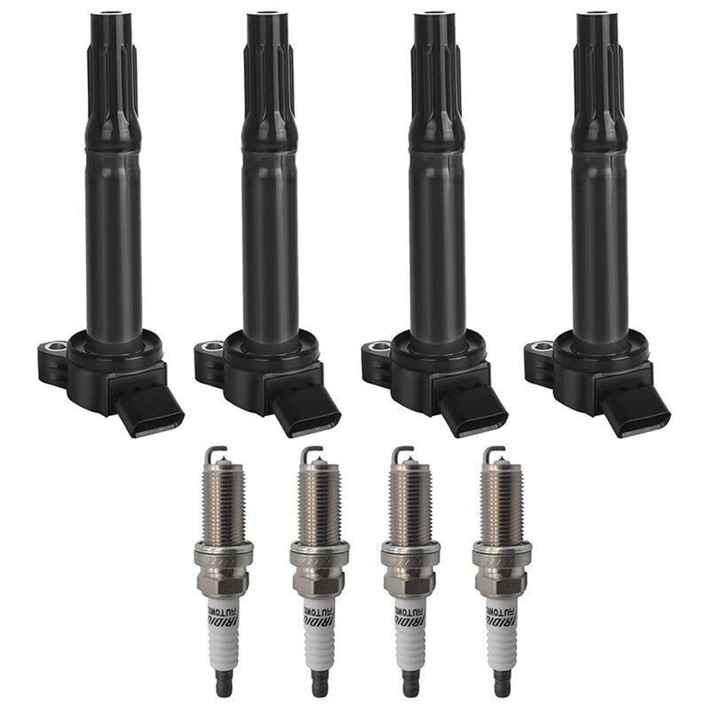 Four black ignition coils with attached spark plugs and wiring connectors
