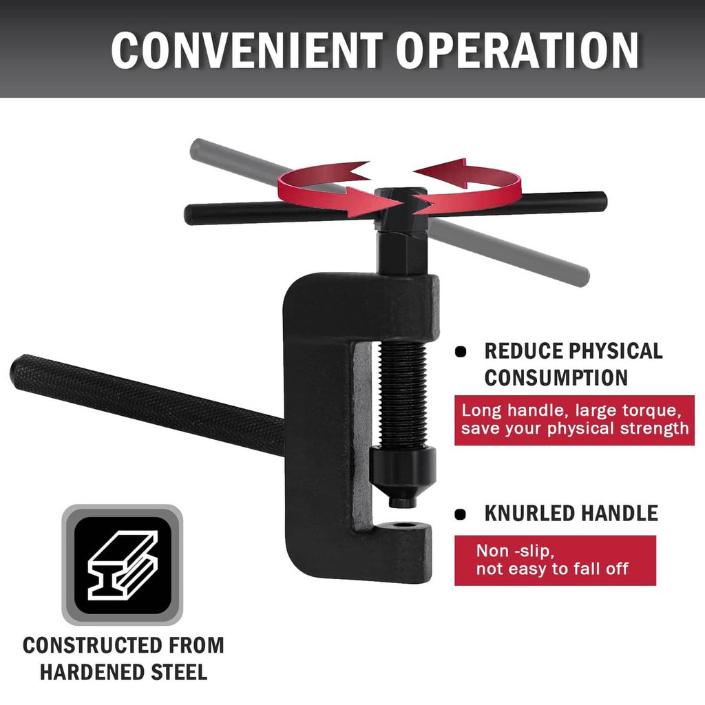 Hardened steel chain breaker riveter tool with knurled handle and long lever arms