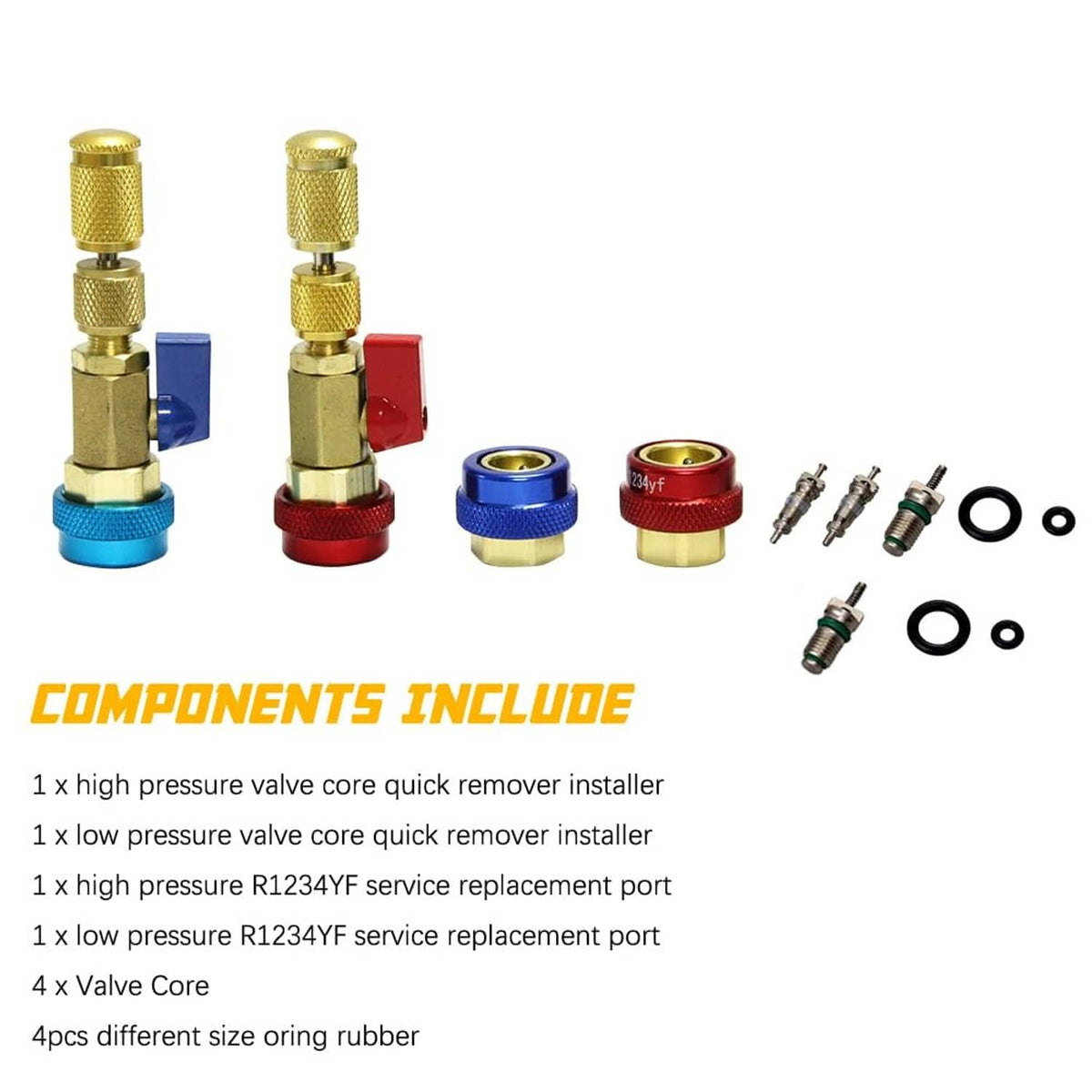 Valve core remover kit components: gold adapters, blue/red ports, valve cores, O-rings