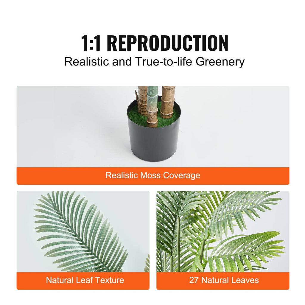 Artificial palm tree in black pot with realistic moss coverage at base