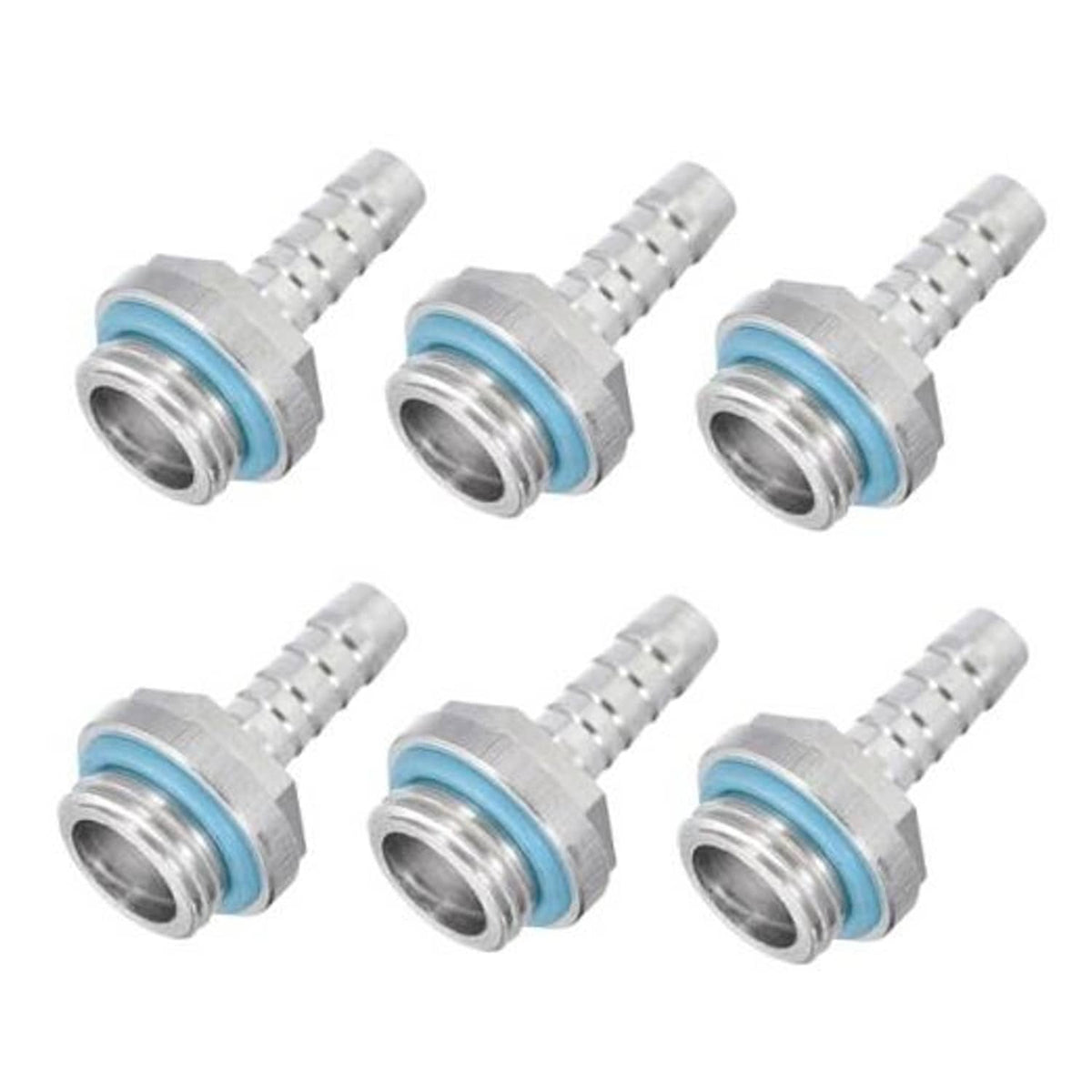 Barbed hose pipe fitting adapters with blue sealing ring, 6-pack set