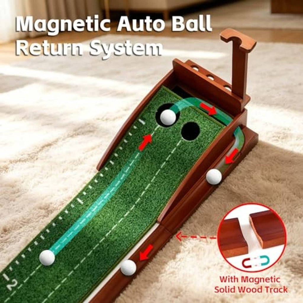 Indoor putting green mat with magnetic auto ball return system and solid wood track