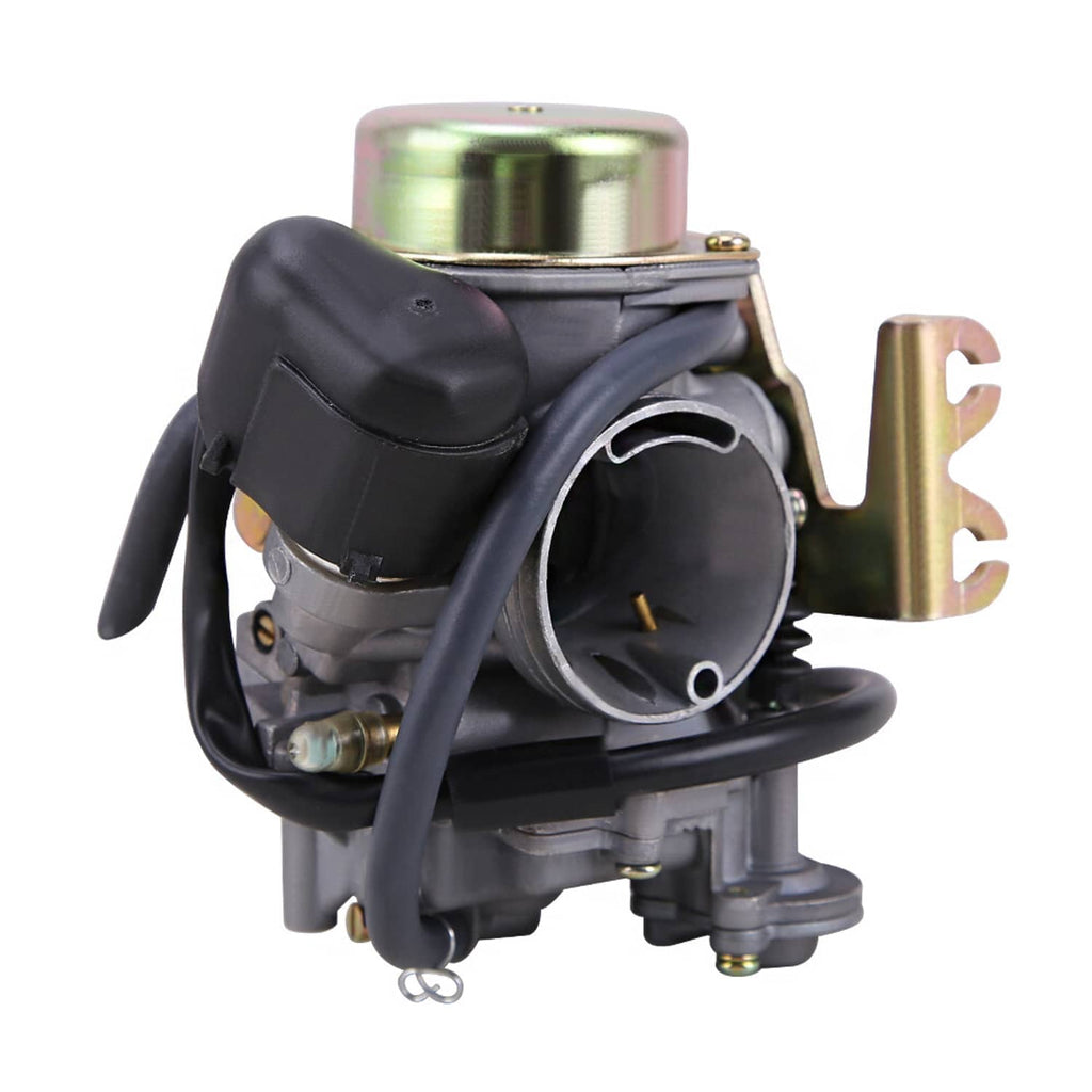 30mm GY6 carburetor front view with round intake opening and black air boot