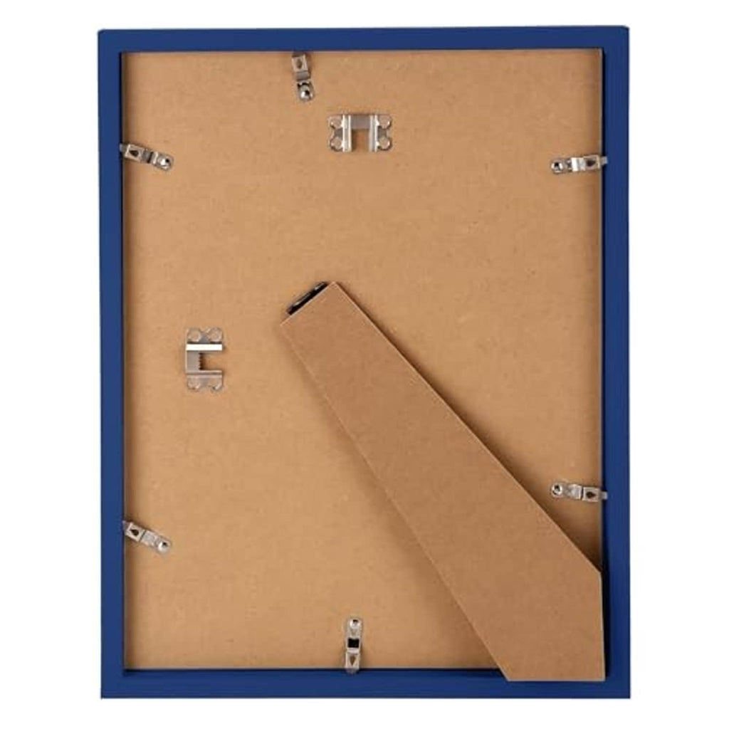 Back of dark blue solid wood 11x14 picture frame with metal clips