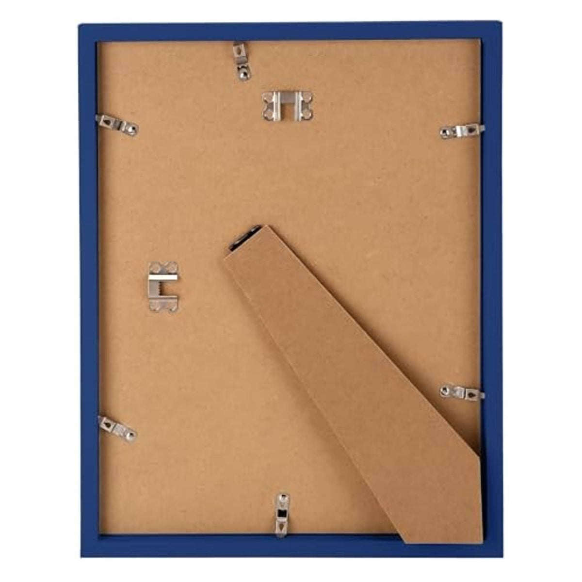 Back of dark blue solid wood 11x14 picture frame with metal clips